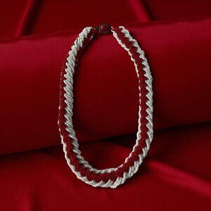 VTG Italian Red & White Glass Seed Bead Necklace – 1960s–1980s – Spiral Rope “Ca